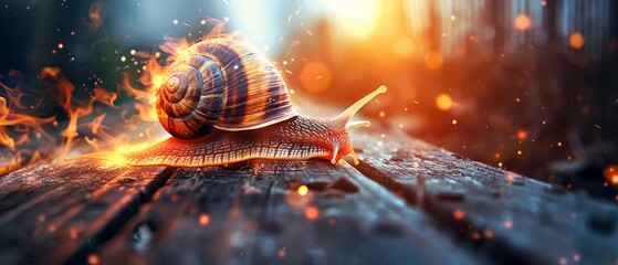 Turbo snail with fiery boost speeding on a rustic wooden bridge twilight setting - obrazy, fototapety, plakaty