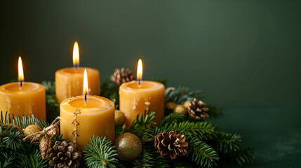 Obraz na płótnie Canvas Christmas Advent Wreath with Four Burning Candles, Festive Decoration Tradition for Holiday Season, Generative AI