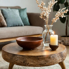natural wood rustic live edge coffee table near grey sofa. Minimalist home interior design of modern living room.
