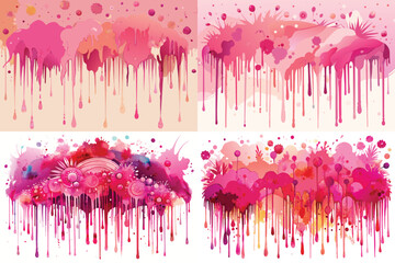 Pink watercolor background painting with abstract fringe and bleed paint drips and drops, painted paper texture