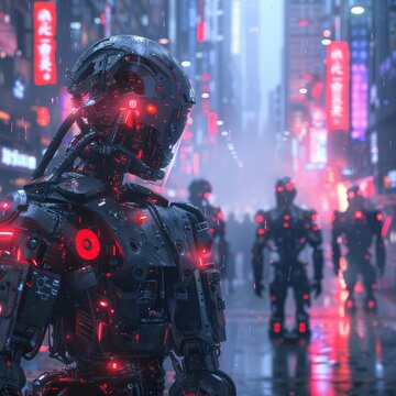 Futuristic Soldier in Advanced Armor Suit Standing in a Neon-Lit Urban Warzone, Symbolizing Cyber Warfare and Technology

