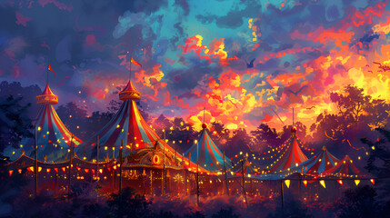 Colorful Summer Carnival at Dusk, Vibrant Fairground with Ferris Wheel and Circus Tents Illuminated in Twilight, Generative AI

 - obrazy, fototapety, plakaty