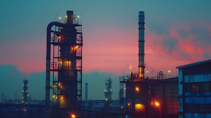 Column Tower in Petrochemical Plant at Twilight, Industrial Scene with Silhouette of Towers and Pipelines, Atmospheric Evening View, Generative AI

