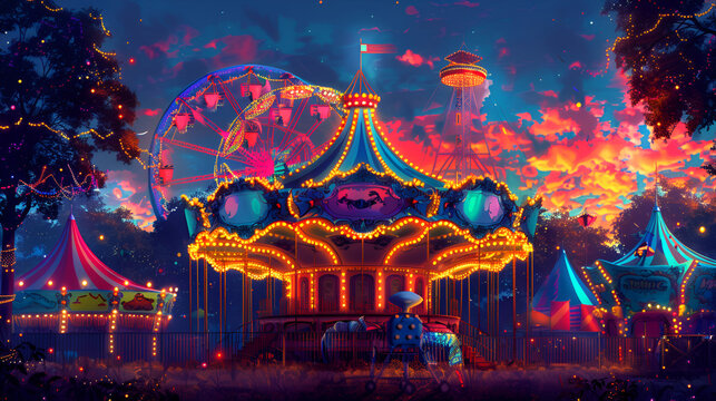 Colorful Summer Carnival at Dusk, Vibrant Fairground with Ferris Wheel and Circus Tents Illuminated in Twilight, Generative AI

