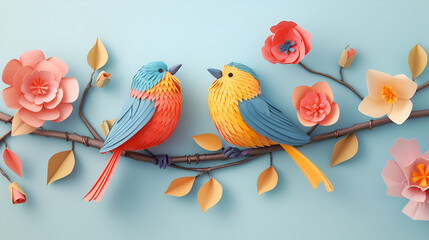 Crafted Paper Art Birds Perched on Branch with Vivid Tones and Style, Colorful Handcrafted Bird Illustration, Generative AI


