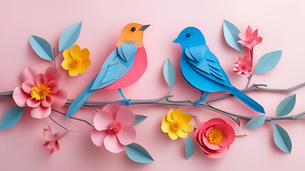 Crafted Paper Art Birds Perched on Branch with Vivid Tones and Style, Colorful Handcrafted Bird Illustration, Generative AI

