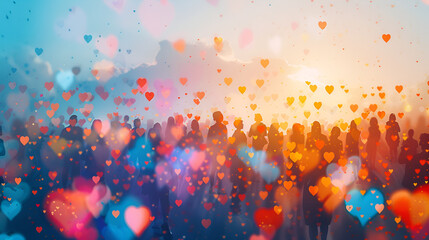 Crowd of Multicultural People Celebrating with Colorful Hearts, Diverse Community Unity Concept, Vibrant Illustration of Togetherness, Generative AI

