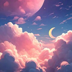 Background image about Fluffy clouds, beautiful colors and moon, modern aesthetic style. ai generative - obrazy, fototapety, plakaty