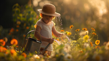 Cute Little Boy Watering Flowers with Watering Can in Garden, Happy Child Engaging in Gardening Activity, Generative AI

 - obrazy, fototapety, plakaty