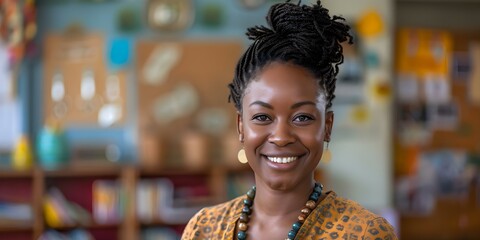 Happiness brightens the classroom as a black female teacher poses. Concept Teacher, Classroom, Black Female, Happiness, Poses - obrazy, fototapety, plakaty