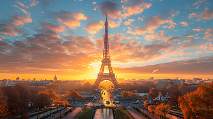 Eiffel Tower Against Sunrise in Paris, France, Iconic Landmark Bathed in Golden Light, Travel Destination Illustration, Generative AI

 - obrazy, fototapety, plakaty