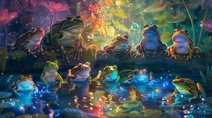 Fototapeta na wymiar Around the pond frogs convene