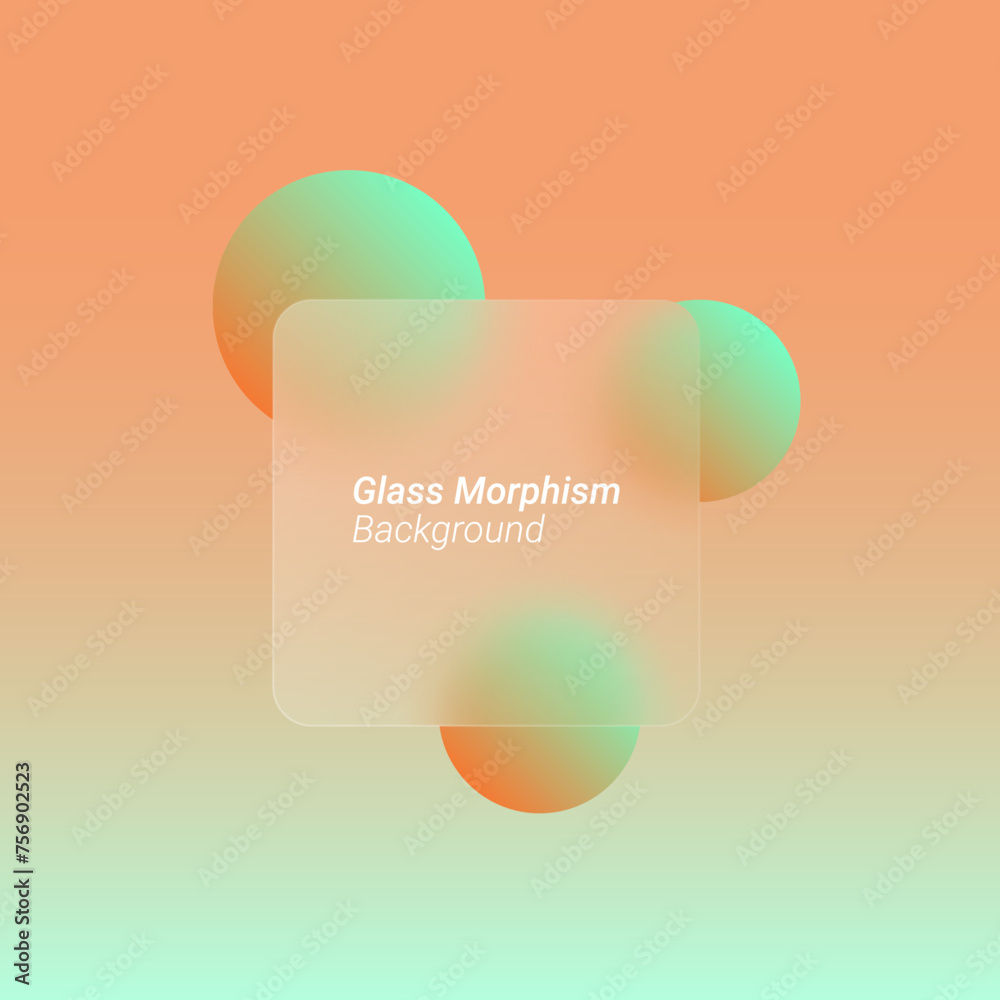 Poster glassmorphism background banner with transparent glass frame template . Realistic Frosted glass morphism effect with blurred abstract gradient orange & green circle shapes. Vector illustration	