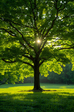 The sunlight filters through the trees foliage, casting beautiful tints and shades on the grass below, creating a peaceful natural landscape for people to enjoy in the shade of the trees trunk