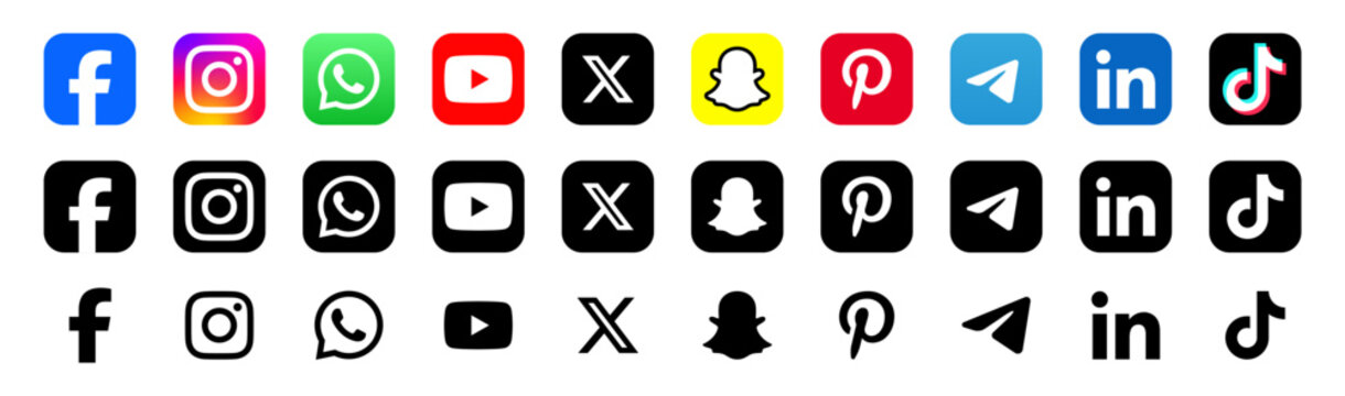 social media icons. social media logo , facebook, instagram, youtube, whatsapp, x, snapchat, pinterest, linkedin, telegram, tiktok, icon - social network logos collection set. vector editorial
