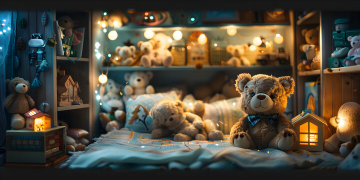 A room with a bunch of teddy bears on the window sill
