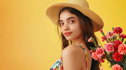 Adorable young woman in a summer dress and straw hat holds a bouquet of carnations and looks over her shoulder, isolated through a yellow background.