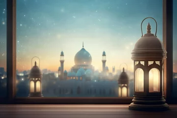 Foto op Plexiglas Eid mubarak and ramadan kareem greetings with islamic lantern and mosque. Eid al fitr background © KaitoDesign