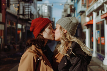 Beautiful loving young lesbian couple kissing in the middle of the street