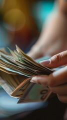 Counting Cash, close-up shot of the woman's hand holding a stack of banknotes, with her fingers delicately counting through the bills, generative AI