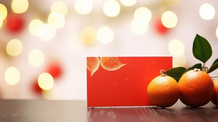 A Red greeting card illustration, Chinese New Year, mandarin oranges and red envelopes on white painted wooden table, clear greeting card details, bokeh blur background