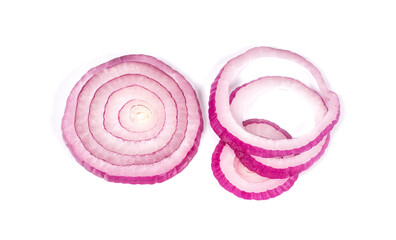 red onion slices isolated on white background cutout, top view