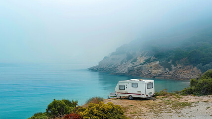 Caravan camping on coast, Spain.