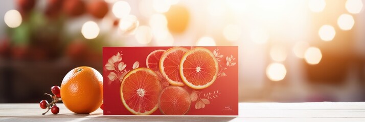A Red greeting card illustration, Chinese New Year, mandarin oranges and red envelopes on white painted wooden table, clear greeting card details, bokeh blur background - obrazy, fototapety, plakaty