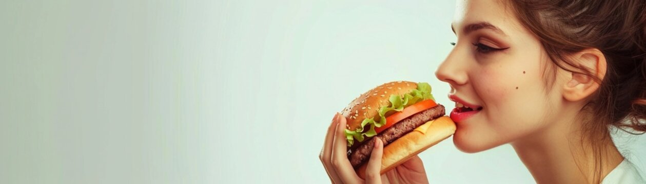 Side view of a woman eating a burger on a white background, generative AI