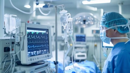 The surgeon looks at the monitor to control the patient when operating in a hospital. Intensive care unit.