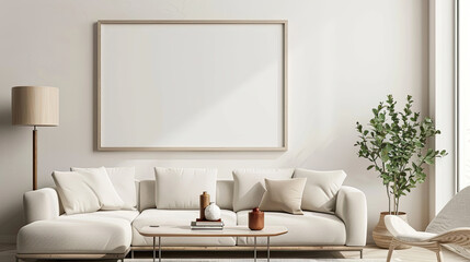 Frame mockup, ISO A paper size. Living room wall poster mockup. Interior mockup with house background. Modern interior design. 3D render.