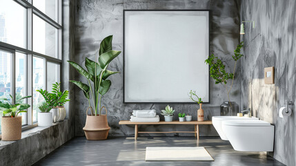rectangle painting mockup inside bathroom, very large frame, indoor plants toilet