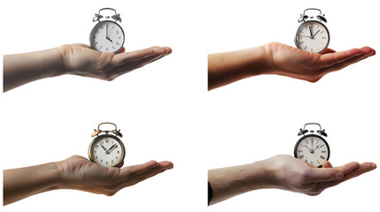Set of hand holding alarm clock. Vintage watch in a human hand on a transparent  background.