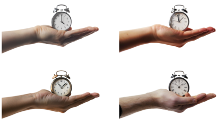 Set of hand holding alarm clock. Vintage watch in a human hand on a transparent  background.