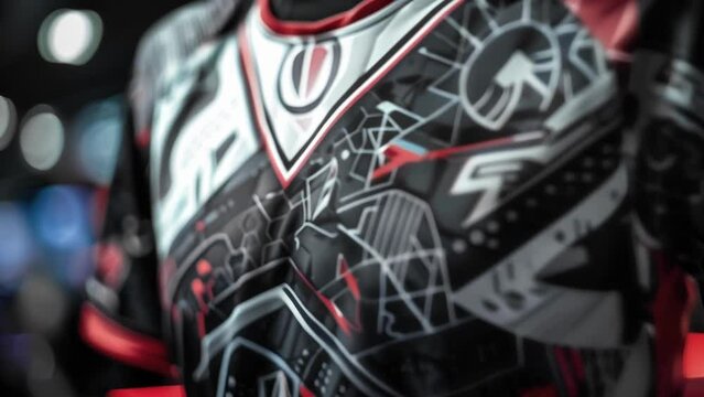 A closeup of a players team jersey adorned with futuristic patterns and designs. The team logo is prominently displayed on the chest and the players name and number can be