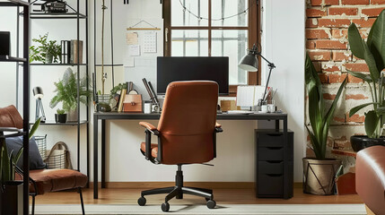 Stylish composition of modern masculine home office workspace interior design with black industrial desk, brown leather armchair, pc and stylish personal accessories. Template.