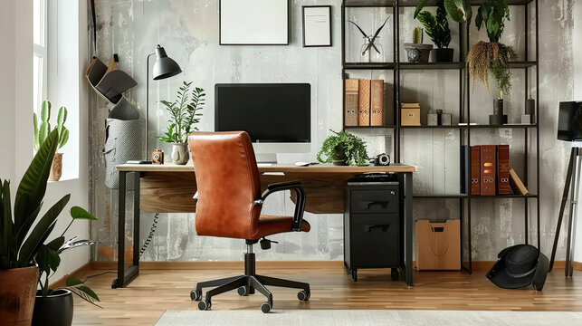 Stylish composition of modern masculine home office workspace interior design with black industrial desk, brown leather armchair, pc and stylish personal accessories. Template.