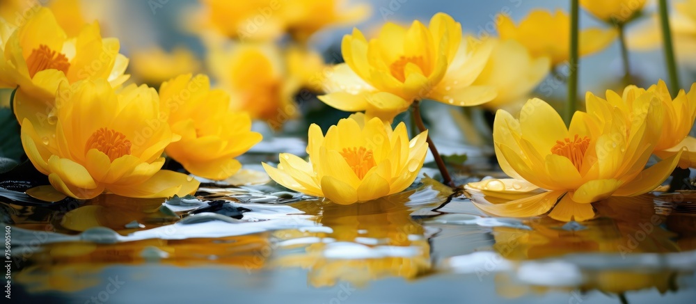 Canvas Prints an assortment of yellow flowers gracefully drifts in the water, showcasing the beauty of aquatic pla