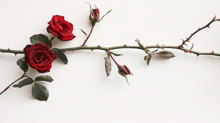 Two red roses and twig on white backdrop ,generative ai, 