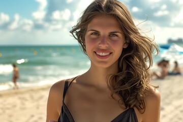 Smiling young attractive woman posing looking at the camera at the beach wearing a swim suit