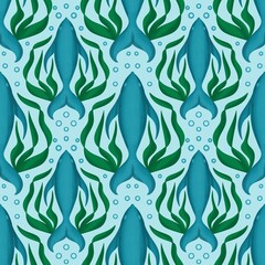 Hand drawn seamless pattern with blue fish green seaweed algae. Elegant victorian marine nautical under the sea ocean print, nature ecology design, lake kelp aquatic botanical.
