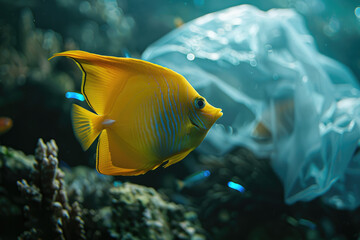 Fototapeta na wymiar a tropical fish swimming near a plastic bag. Concept of ocean and reef sea water pollution
