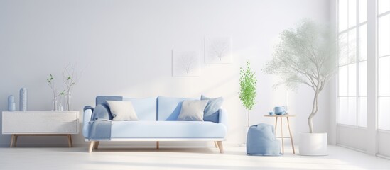 The living room features a comfortable blue couch placed near a window, allowing natural light to illuminate the space. The room is adorned with a few plants adding a touch of greenery