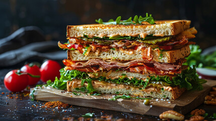 Luscious photogenic club sandwich with rich textures and a visual feast of color captured in high resolution for advertising photography