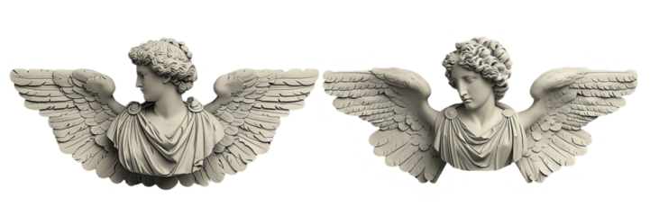 Statue of angel torso with wings issuing from the arms.