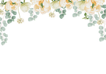watercolor white peony and rose foliage flower bouquet wreath frame © Unchalee