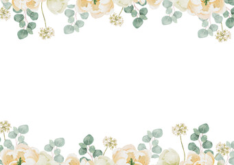 watercolor white peony and rose foliage flower bouquet wreath frame