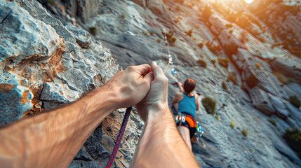 Teamwork couple climbing helping hand.