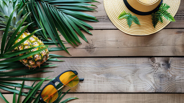 Vacation summer holiday travel tropical ocean sea banner panorama greeting card - Close up of straw hat, sunglasses pineapple and palm tree leaves, on wooden table, wood texture background.