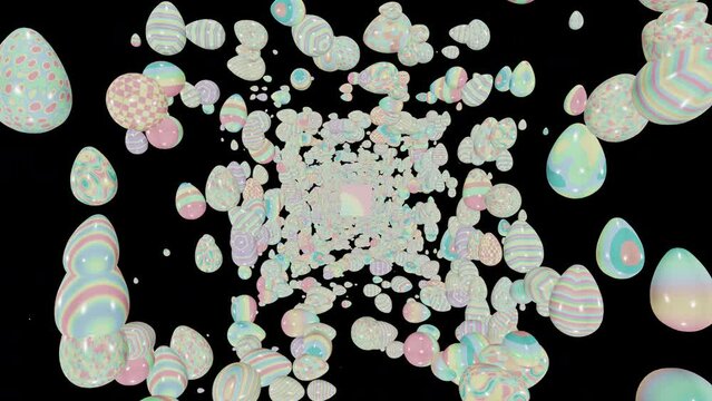 Pastel colored Easter eggs tunnel moving on black background seamless looped 3D render. Various eggs pattern for happy Easter. Day of the Crucifixion